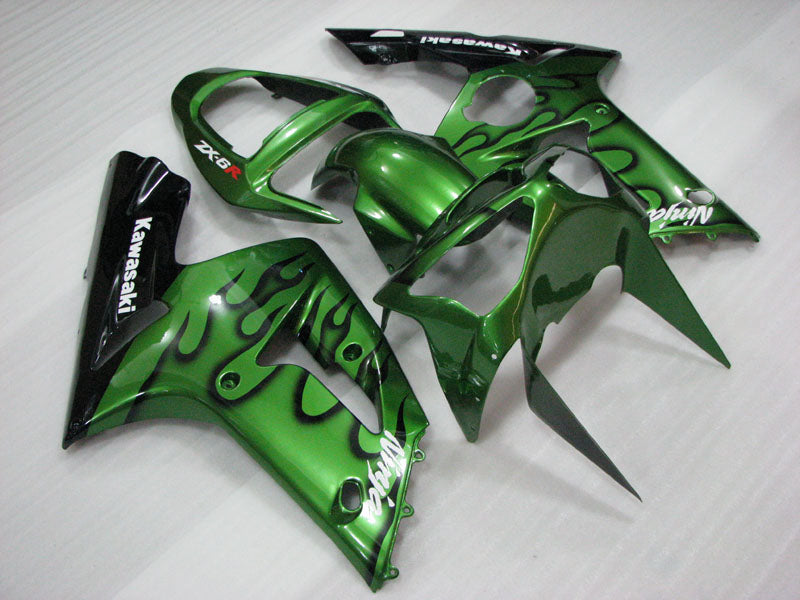 Green and Black Flame - NINJA ZX-6R 03-04 Fairing Kit